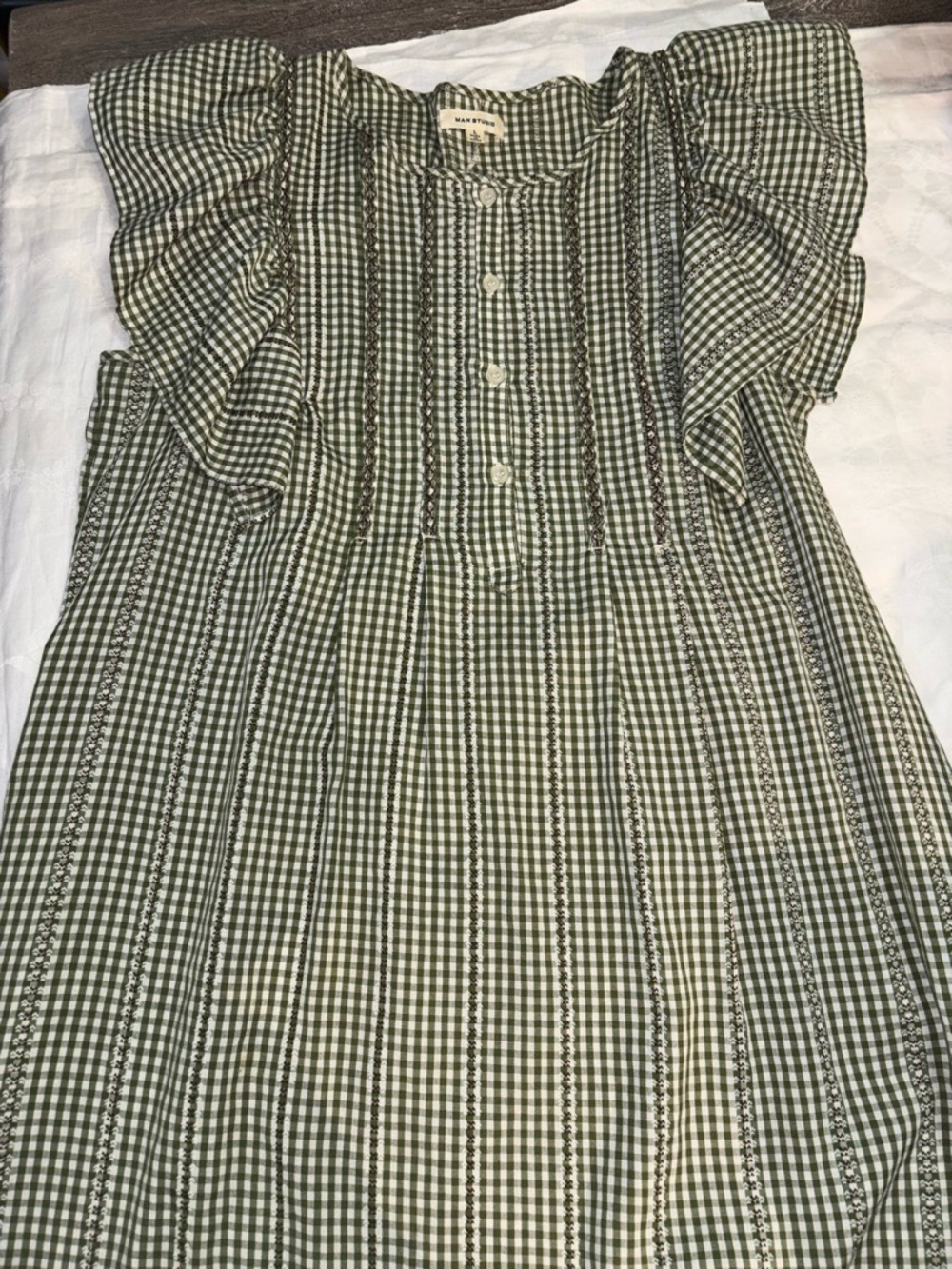 Max Studio Green Gingham Flutter Sleeve Embroidered Dress L